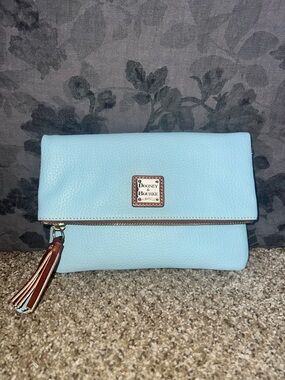 Dooney & Bourke Light Blue Fold-Over Leather Clutch with Tassel